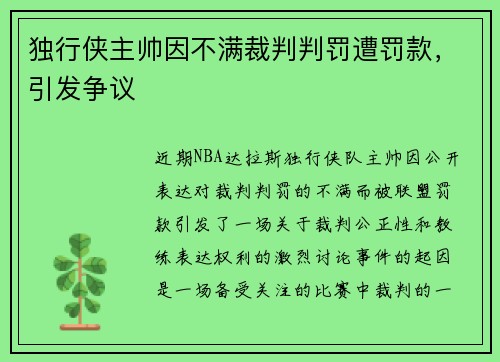 独行侠主帅因不满裁判判罚遭罚款，引发争议