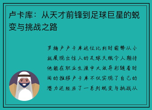卢卡库：从天才前锋到足球巨星的蜕变与挑战之路